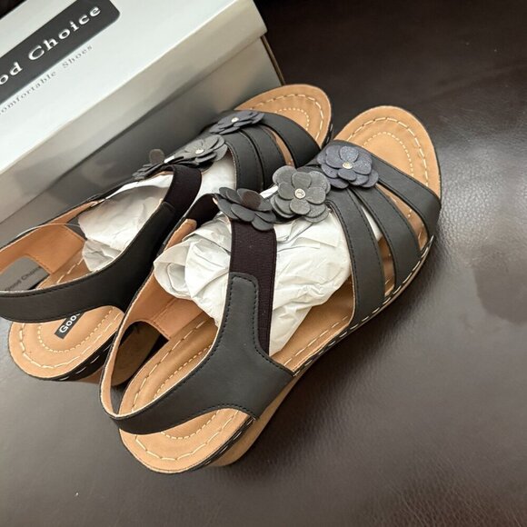 GOOD CHOICE Womens Black Flower Beck Toe Wedge Slip On Heeled Sandal sz 9.5 - Picture 6 of 8